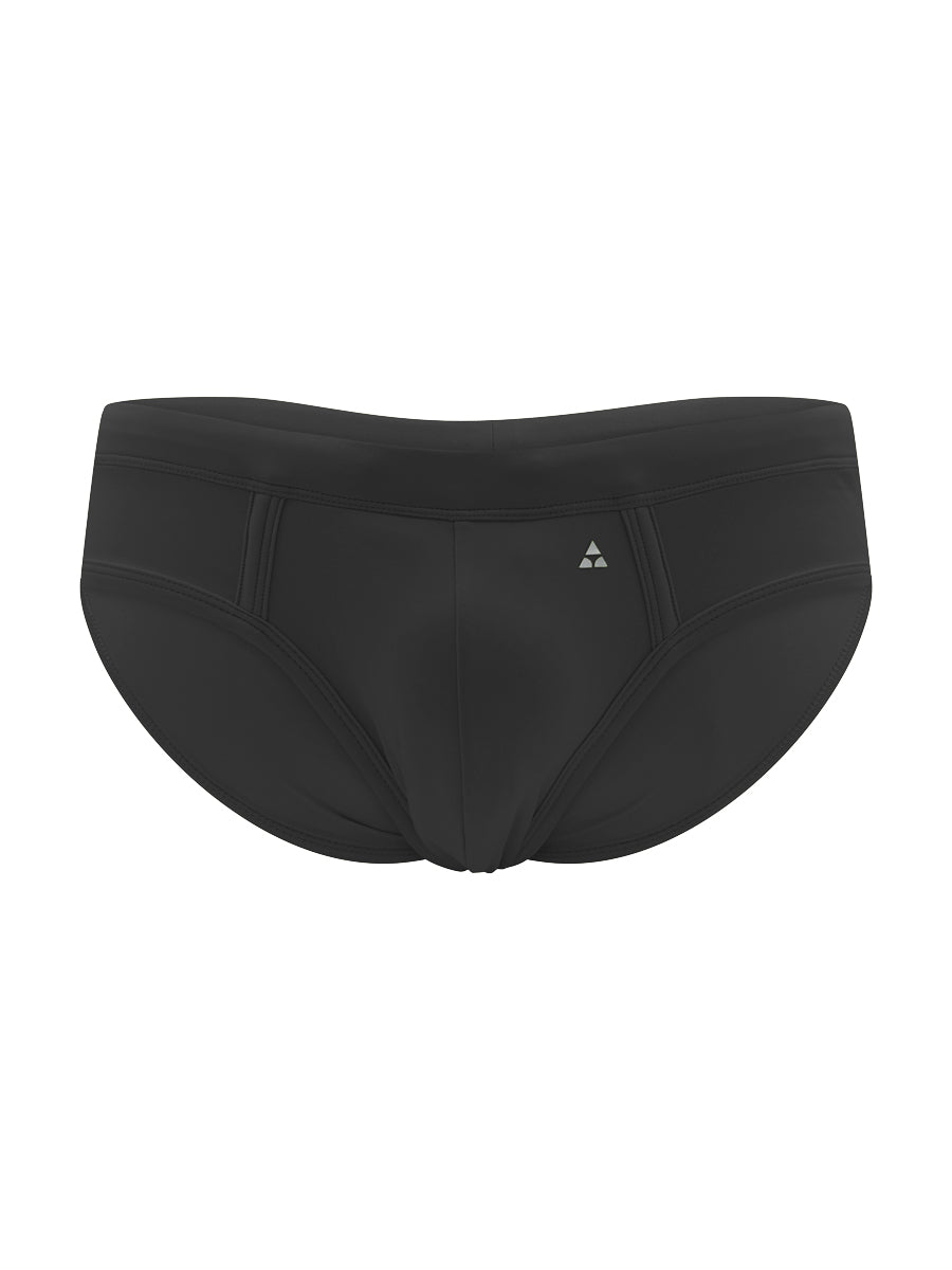 Front view of a black men's swim brief on a white background