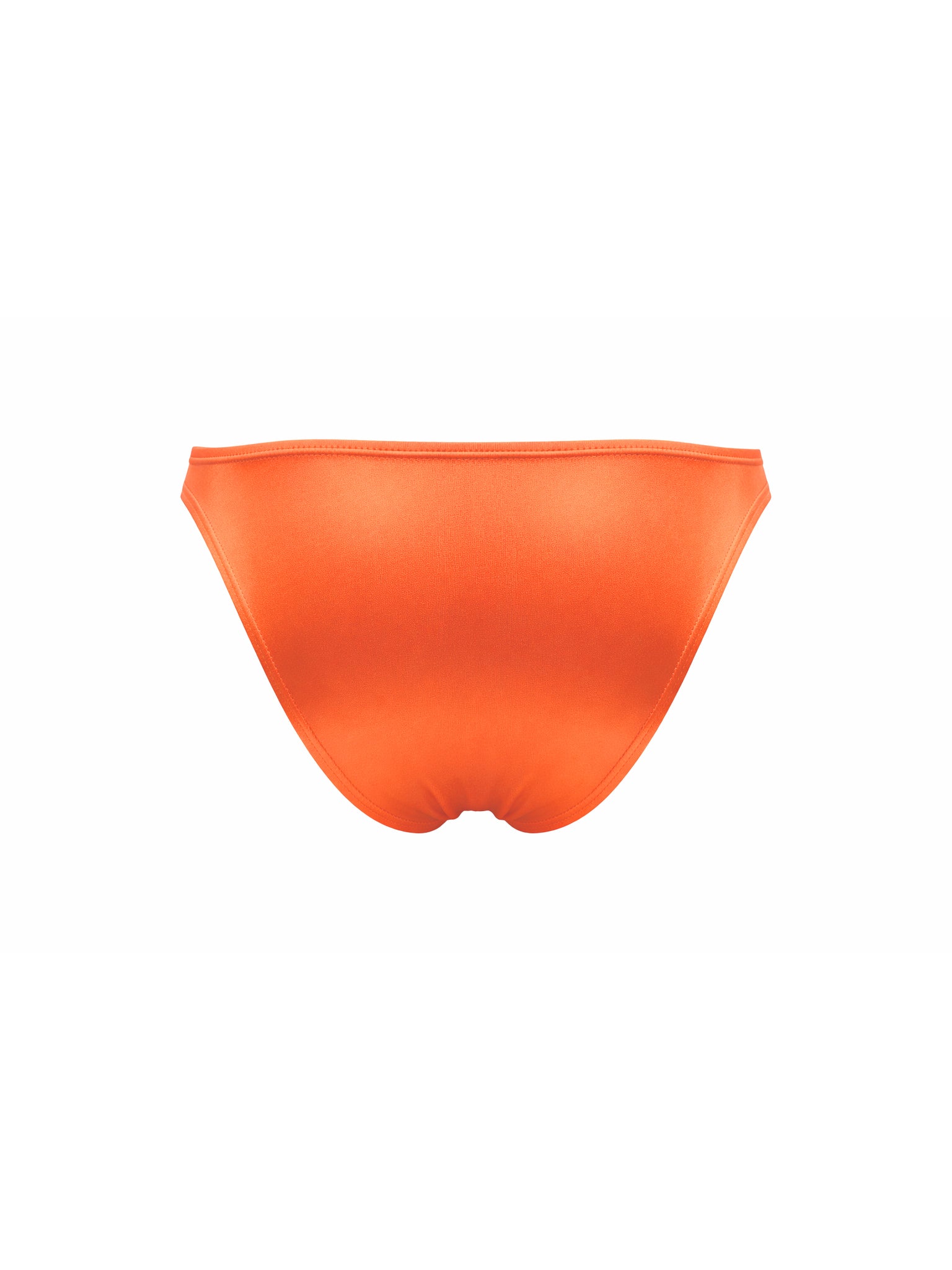 Rear view of an orange satin men's brief, shown on a white background. 
