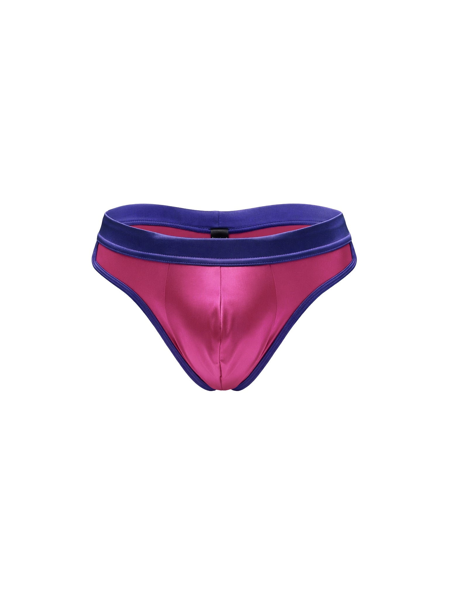 A pink satin thong with a navy blue waistband, shown against a plain white background.