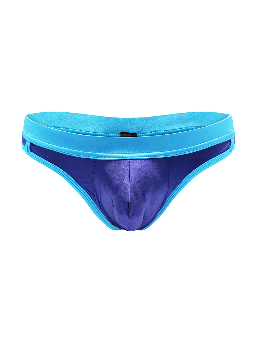Front view of a navy satin thong with a turquoise waistband against a white background.