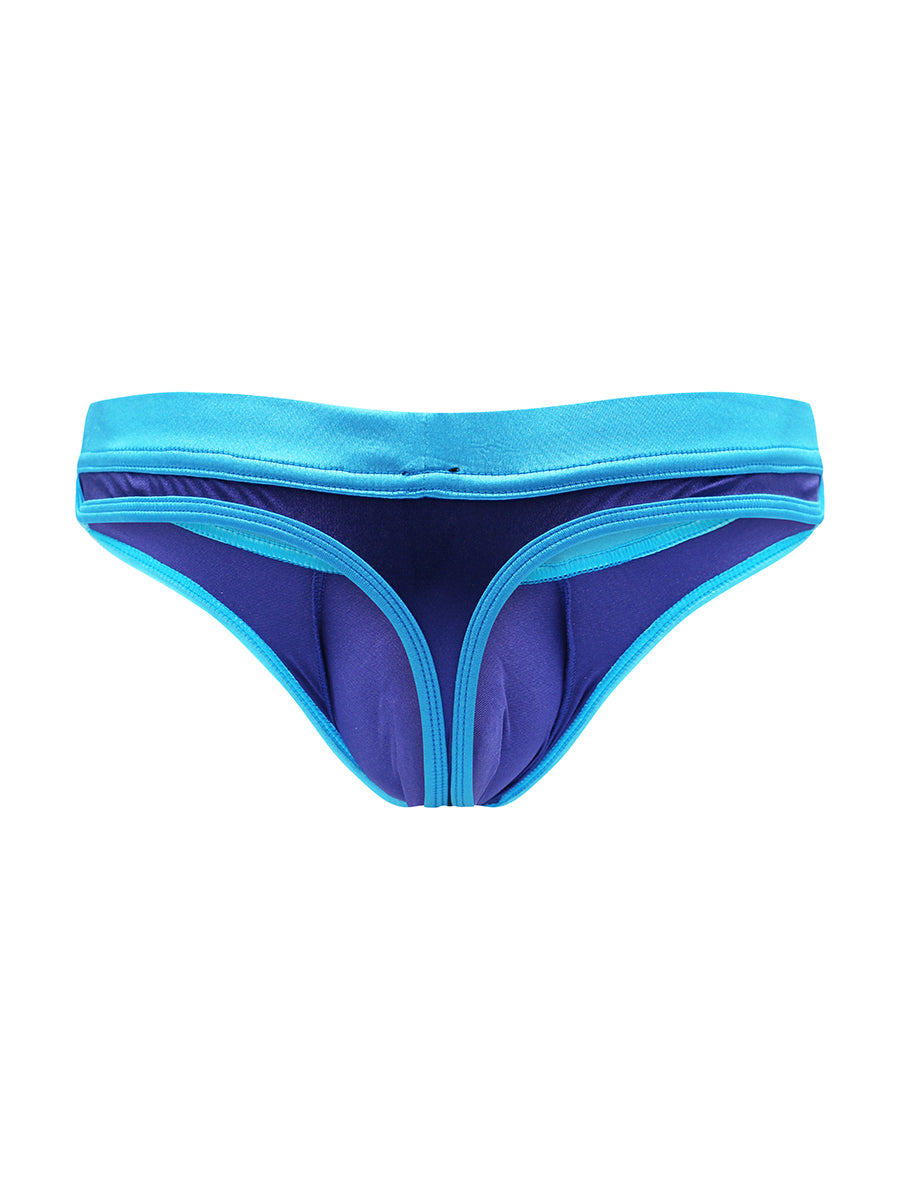 Back view of a navy satin thong with a turquoise waistband against a white background.