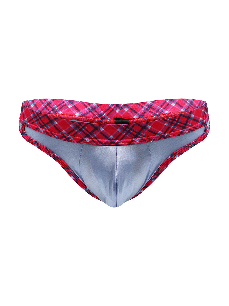 Front view of a light blue satin thing with red plaid waistband on a white background.