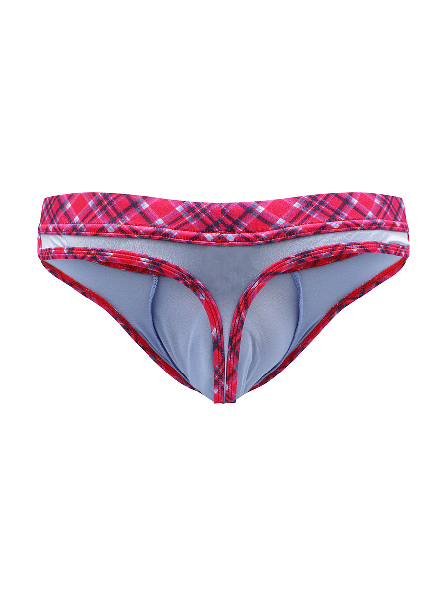 Back view of a light blue satin thing with red plaid waistband on a white background.