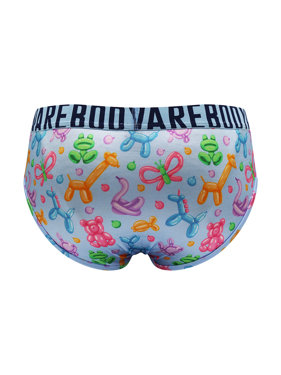 Light blue satin men's briefs with a Body Aware branded waistband and colorful balloon animal print.