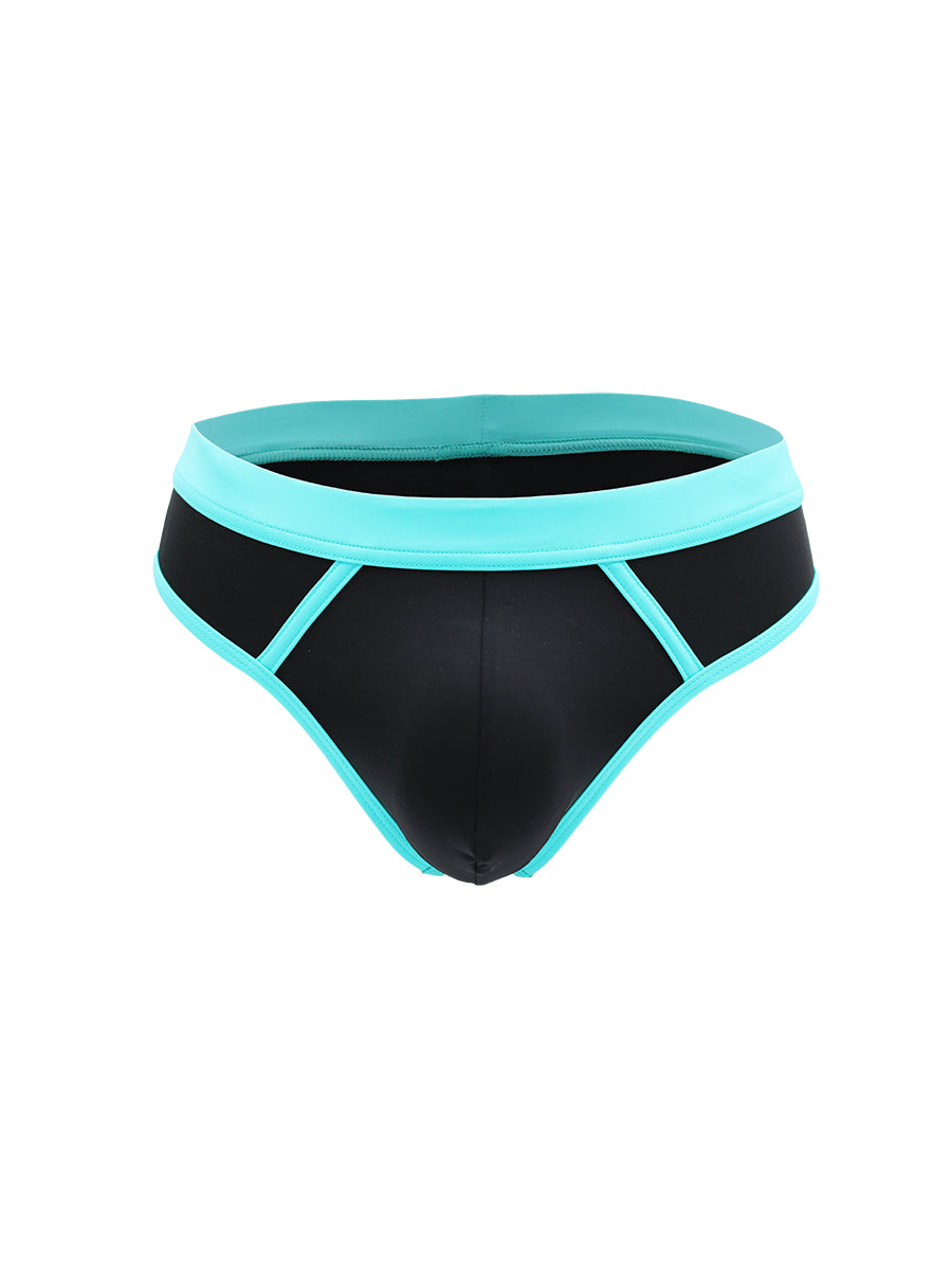 A black and blue men's thong on a white background.