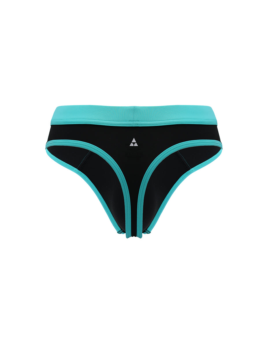 A black and blue men's thong with Body Aware logo on a white background.