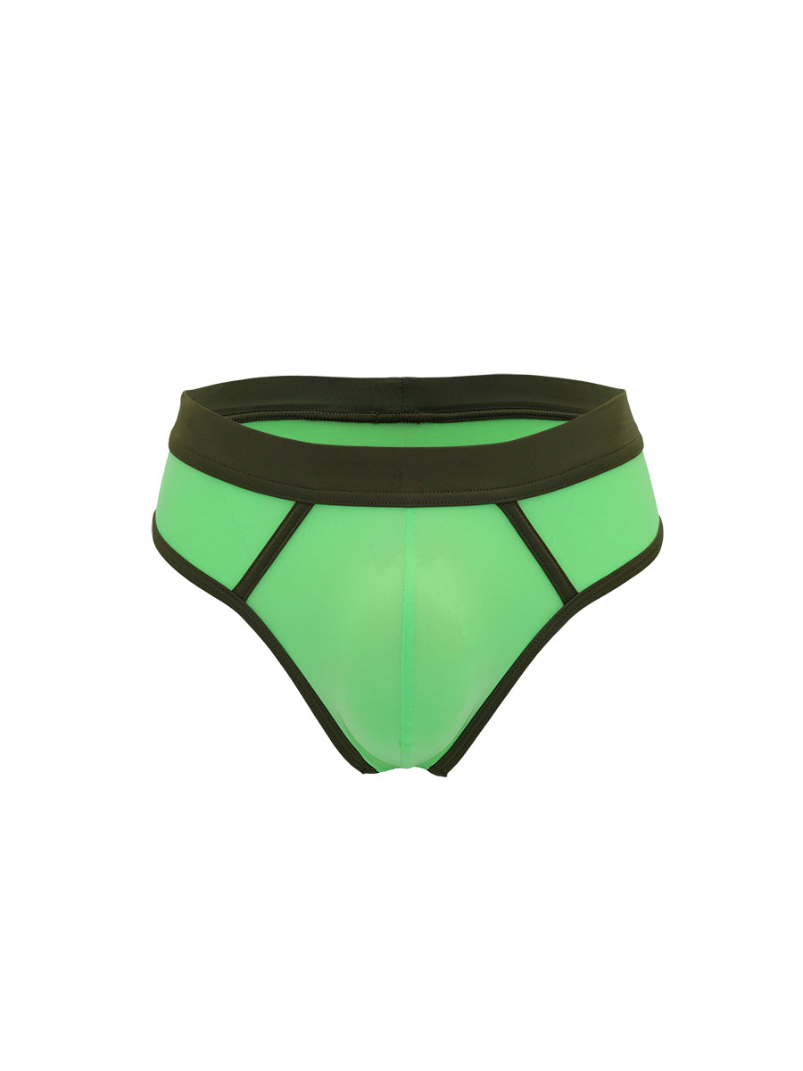 A lime green thong with olive trim on a white background.
