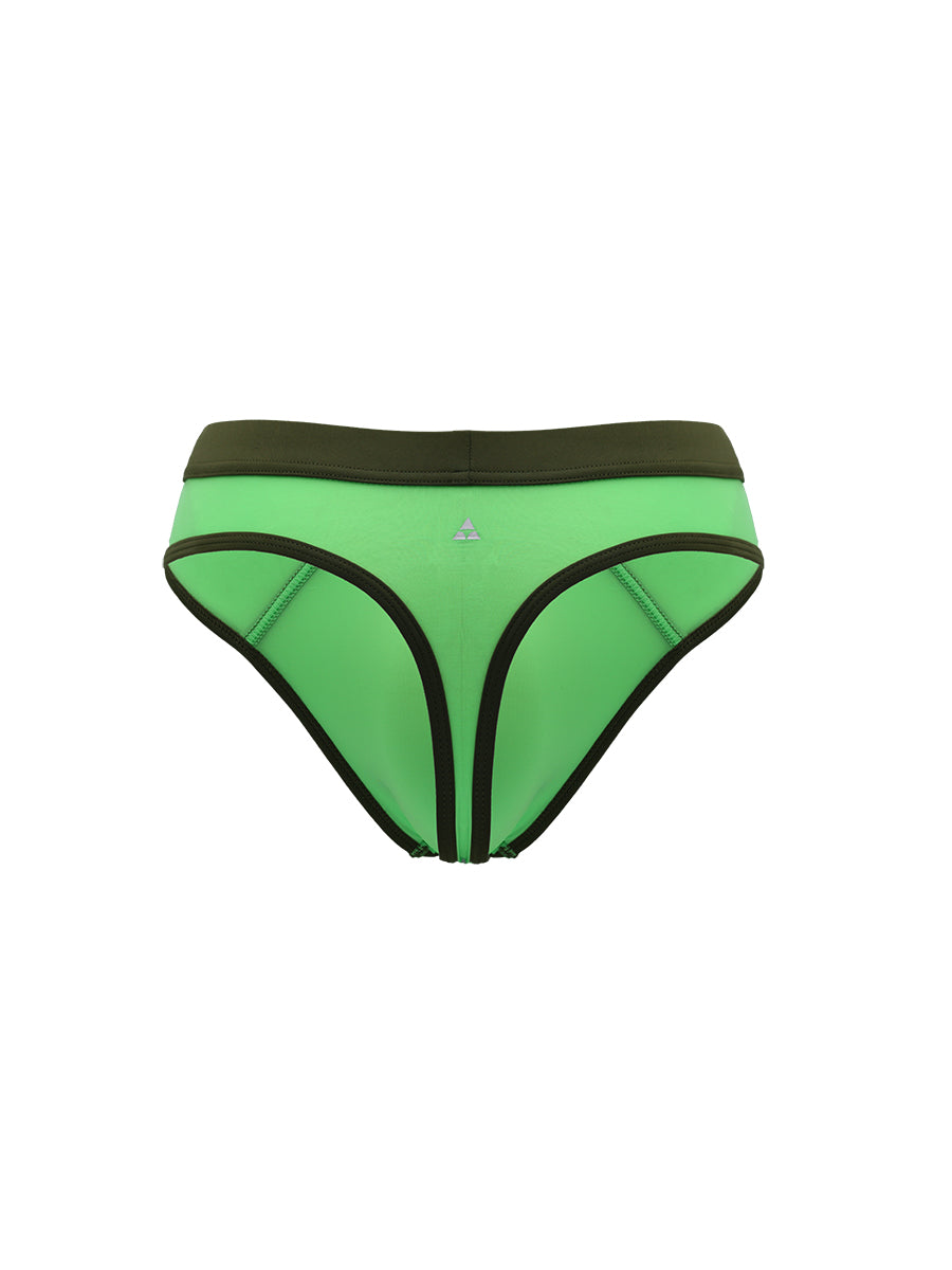 A lime green thong with olive trim on a white background.