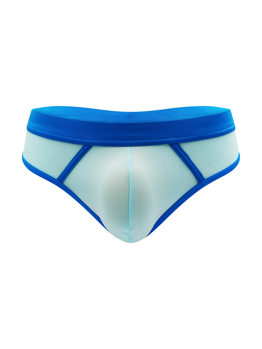 Front view of a light blue thong with turquoise trim against a white background.