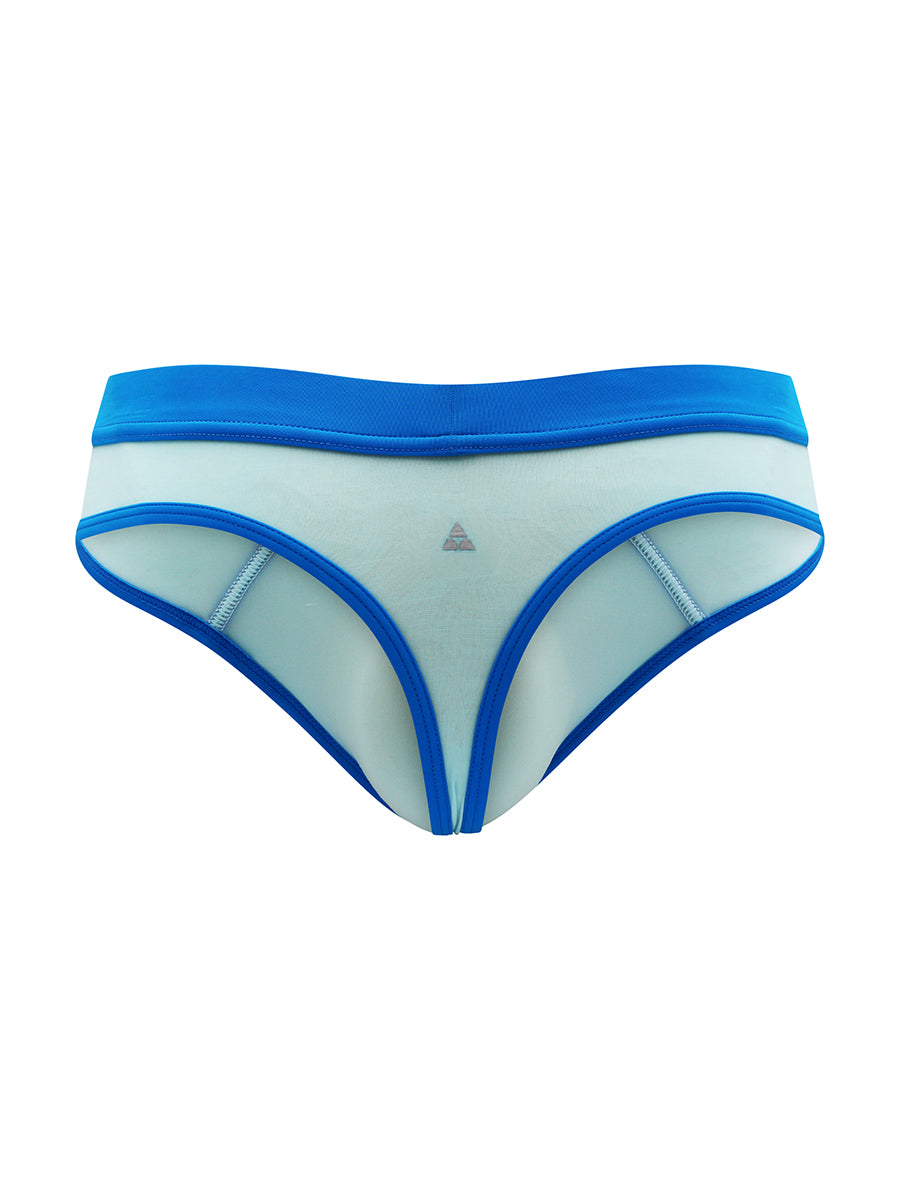 Back view of a light blue thong with turquoise trim against a white background.