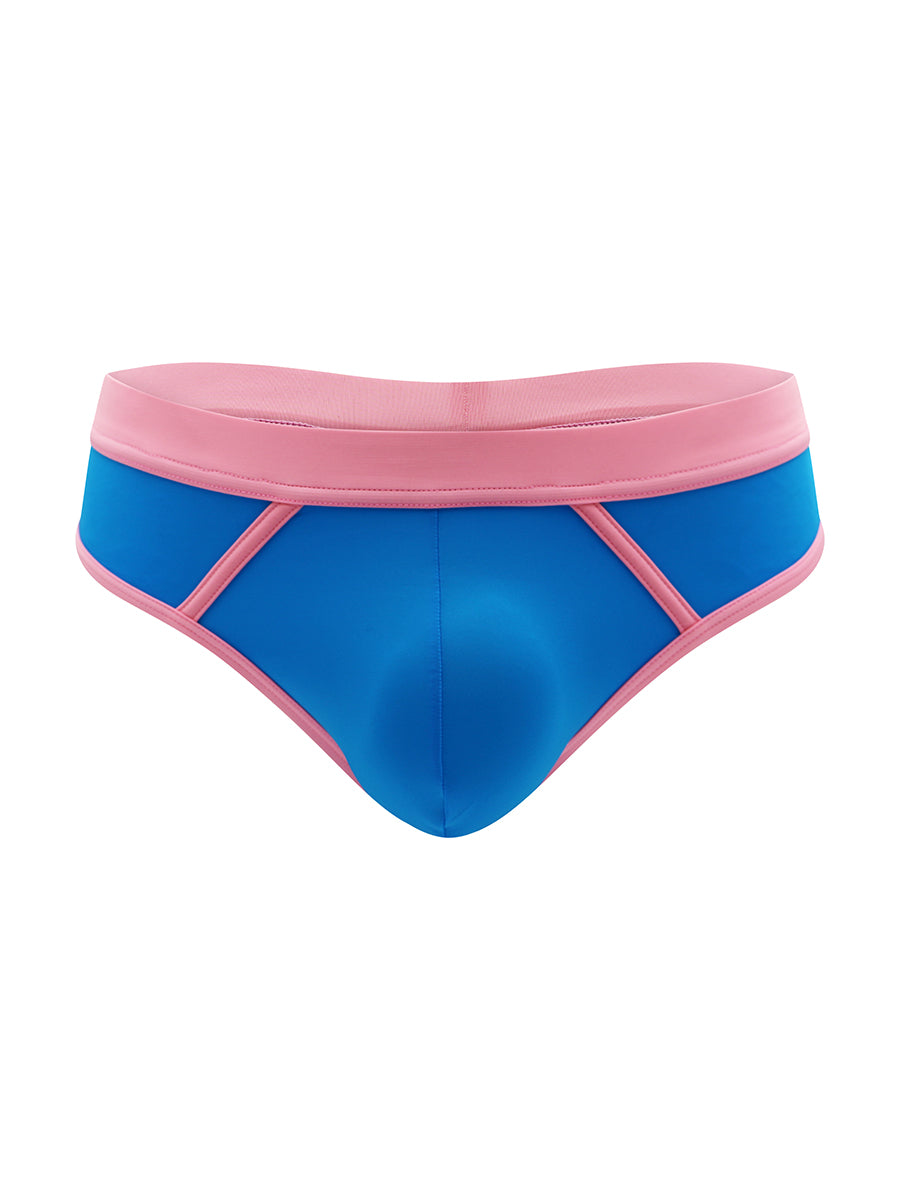 Front view of a blue thong with pink trim against a white background.