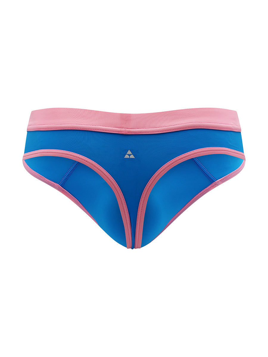 Back view of a blue thong with pink trim against a white background.