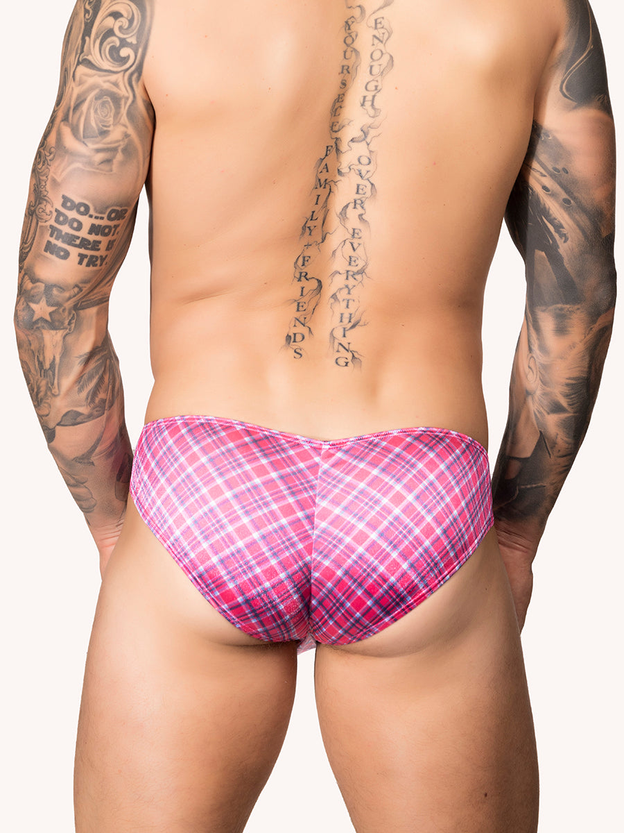 Back view of a male model wearing a pink satin Body Aware brief with plaid pattern