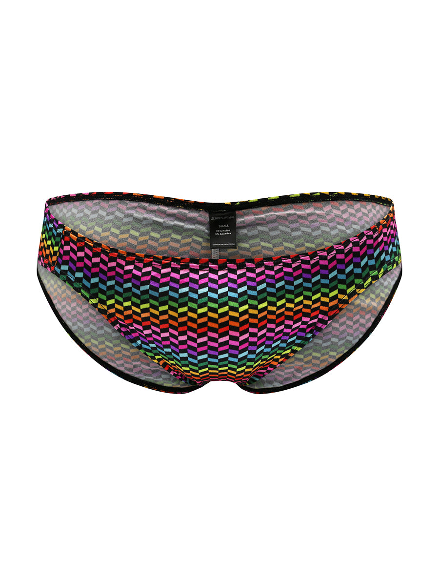 Front view of a rainbow pattern satin brief on a white background.