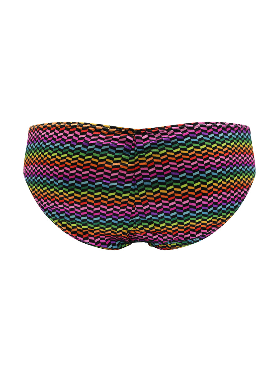 Back view of a rainbow pattern satin brief on a white background.