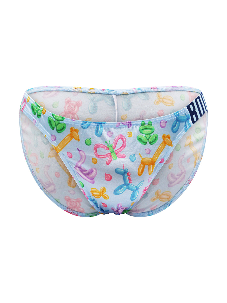 Front view of light blue satin men's underwear with Body Aware branded waistband and a balloon animal pattern.