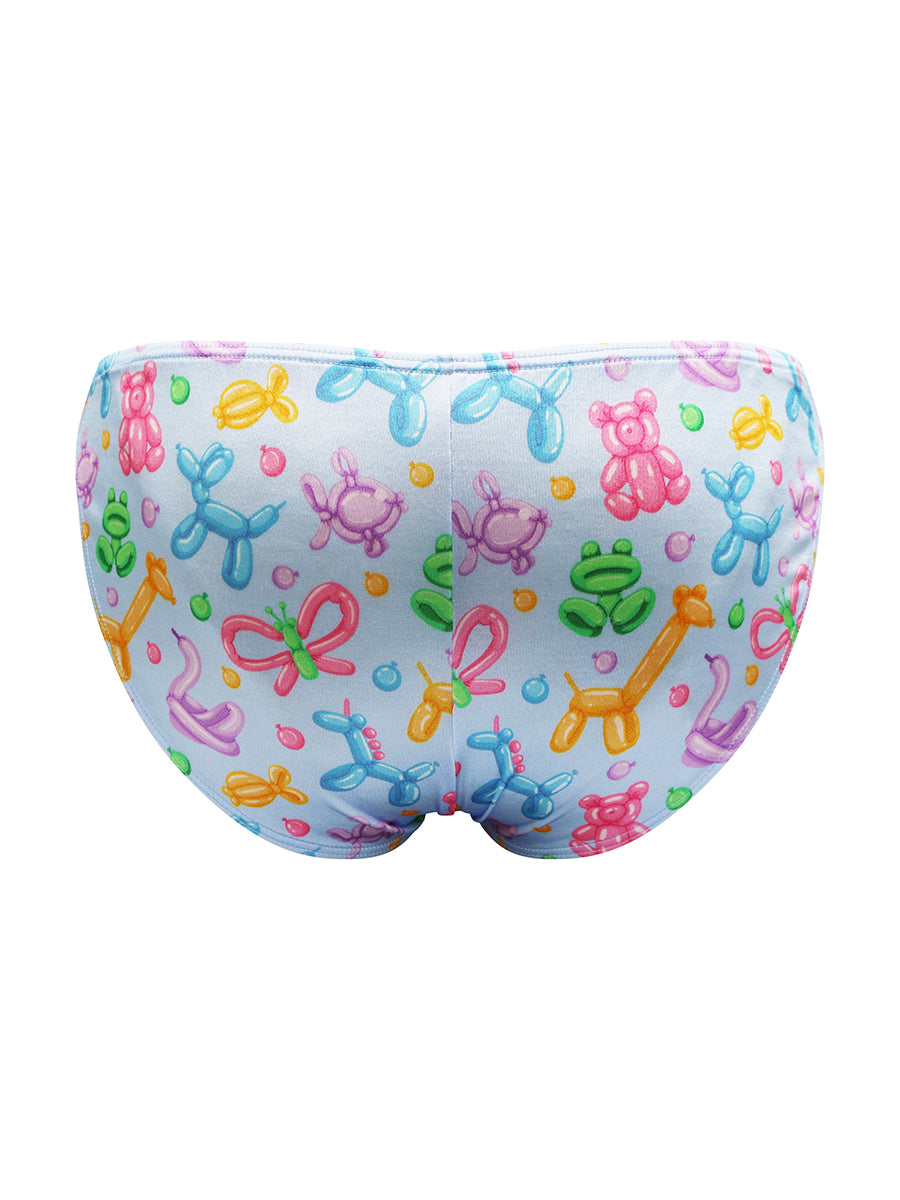 Back view of light blue satin men's underwear with a balloon animal pattern.