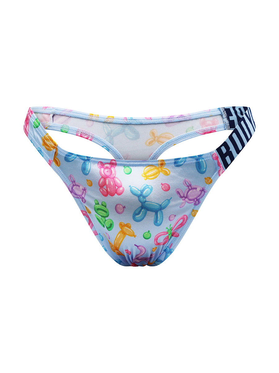 A light blue satin thong with a Body Aware waistband, on a white background.