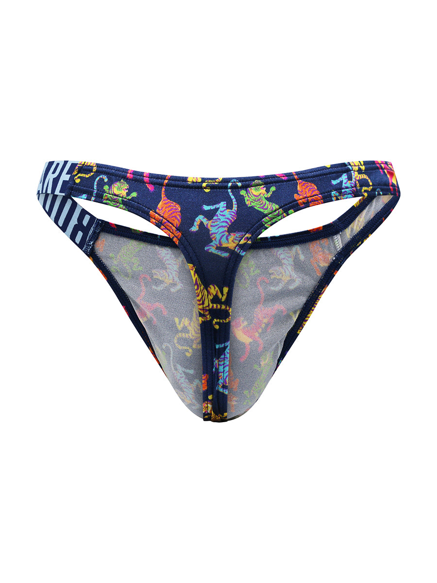 A navy blue satin thong with a Body Aware waistband, on a white background.