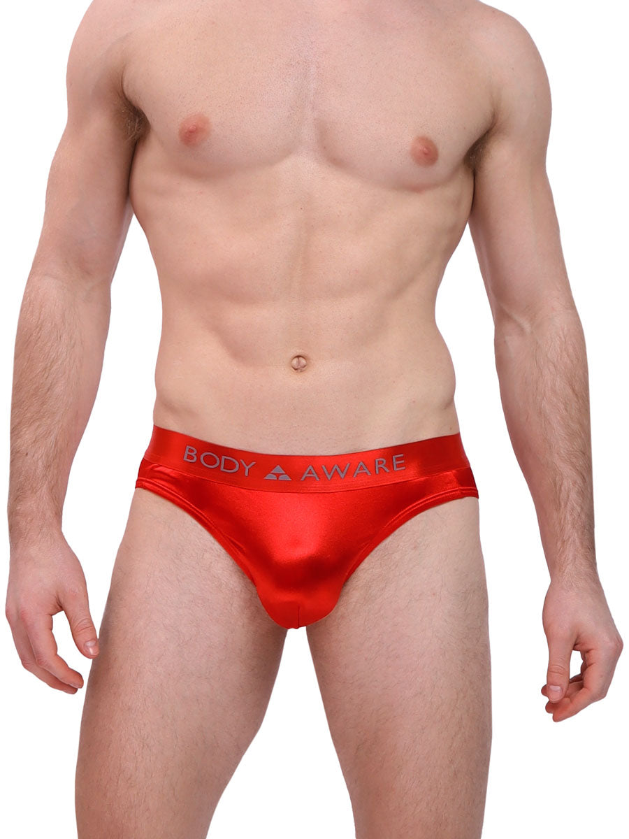 men's red satin logo brief - Body Aware UK