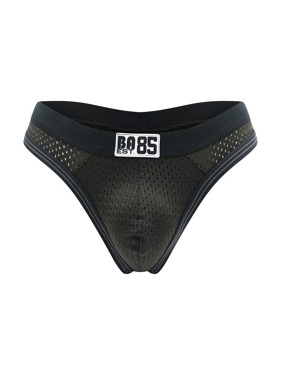 A black men's mesh thong with a Body Aware waistband on a white background