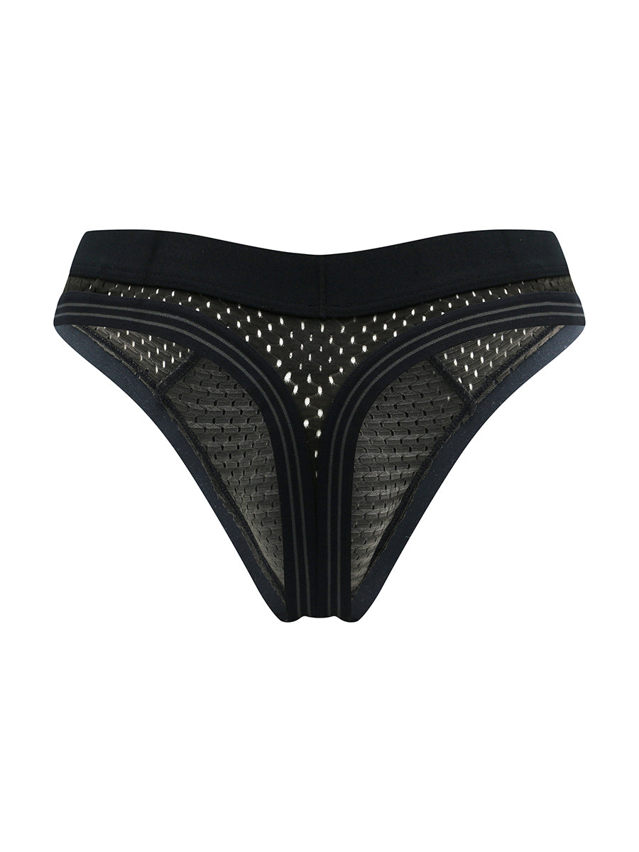 Back view of a black men's mesh thong with a Body Aware waistband on a white background