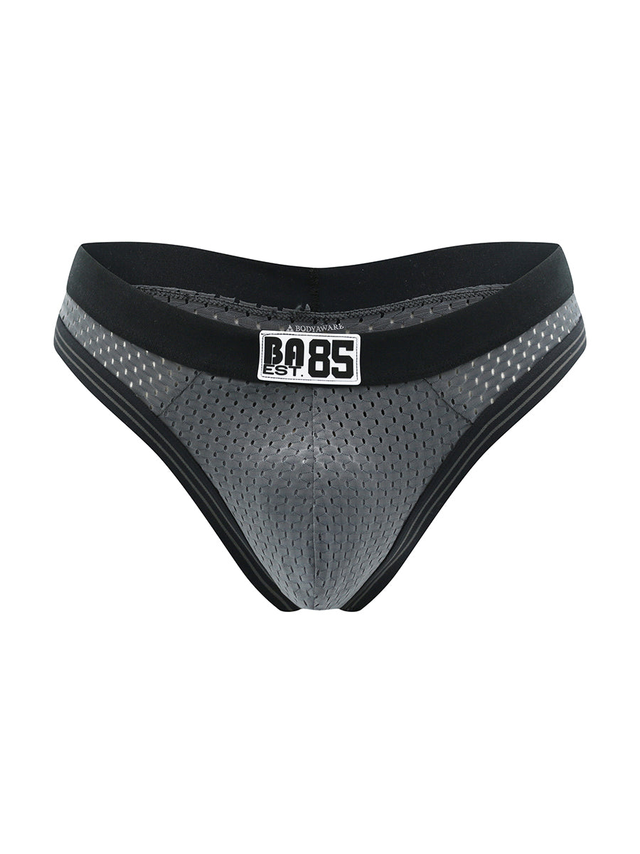 A grey men's mesh thong with a black waistband on a white background