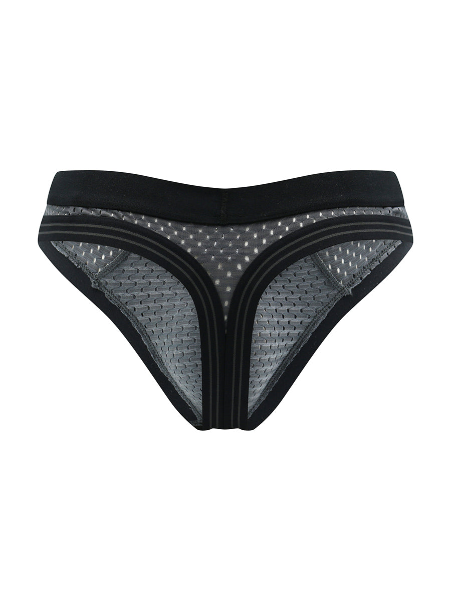 Back view of a grey men's mesh thong with a black waistband on a white background