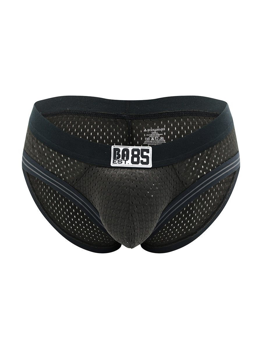 A black men's mesh brief with a Body Aware waistband on a white background