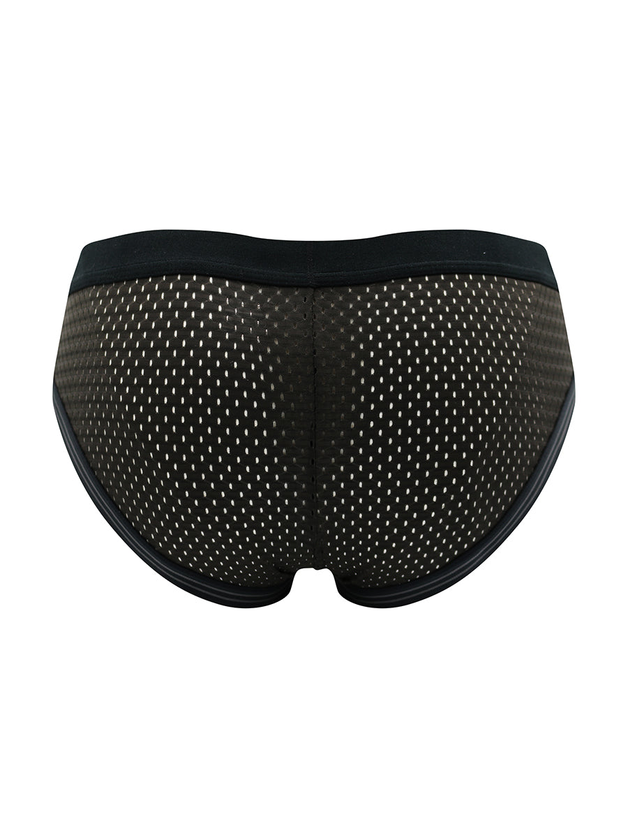Rear view of a black men's mesh brief with a Body Aware waistband on a white background