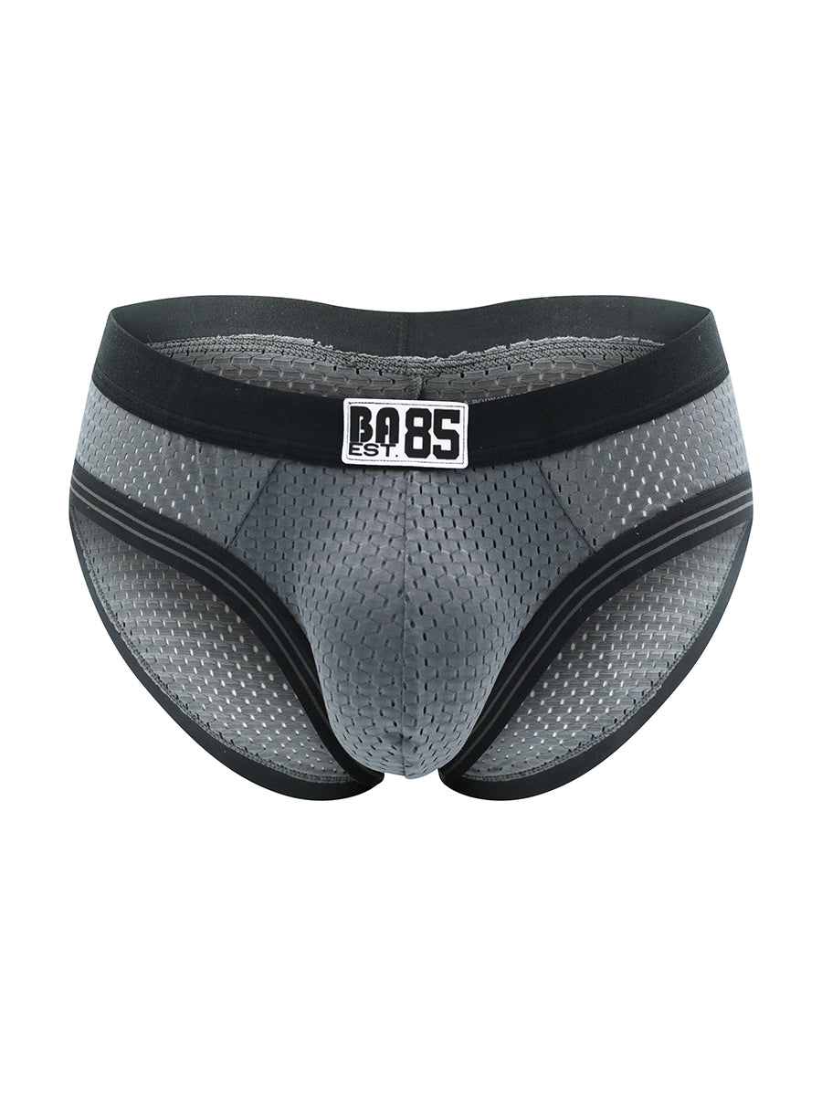 A grey men's mesh brief with a black waistband on a white background
