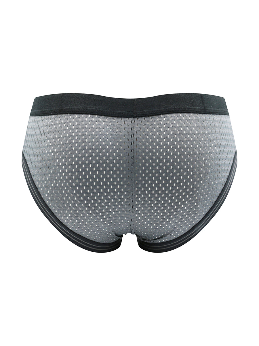 Back view of a grey men's mesh brief with a black waistband on a white background