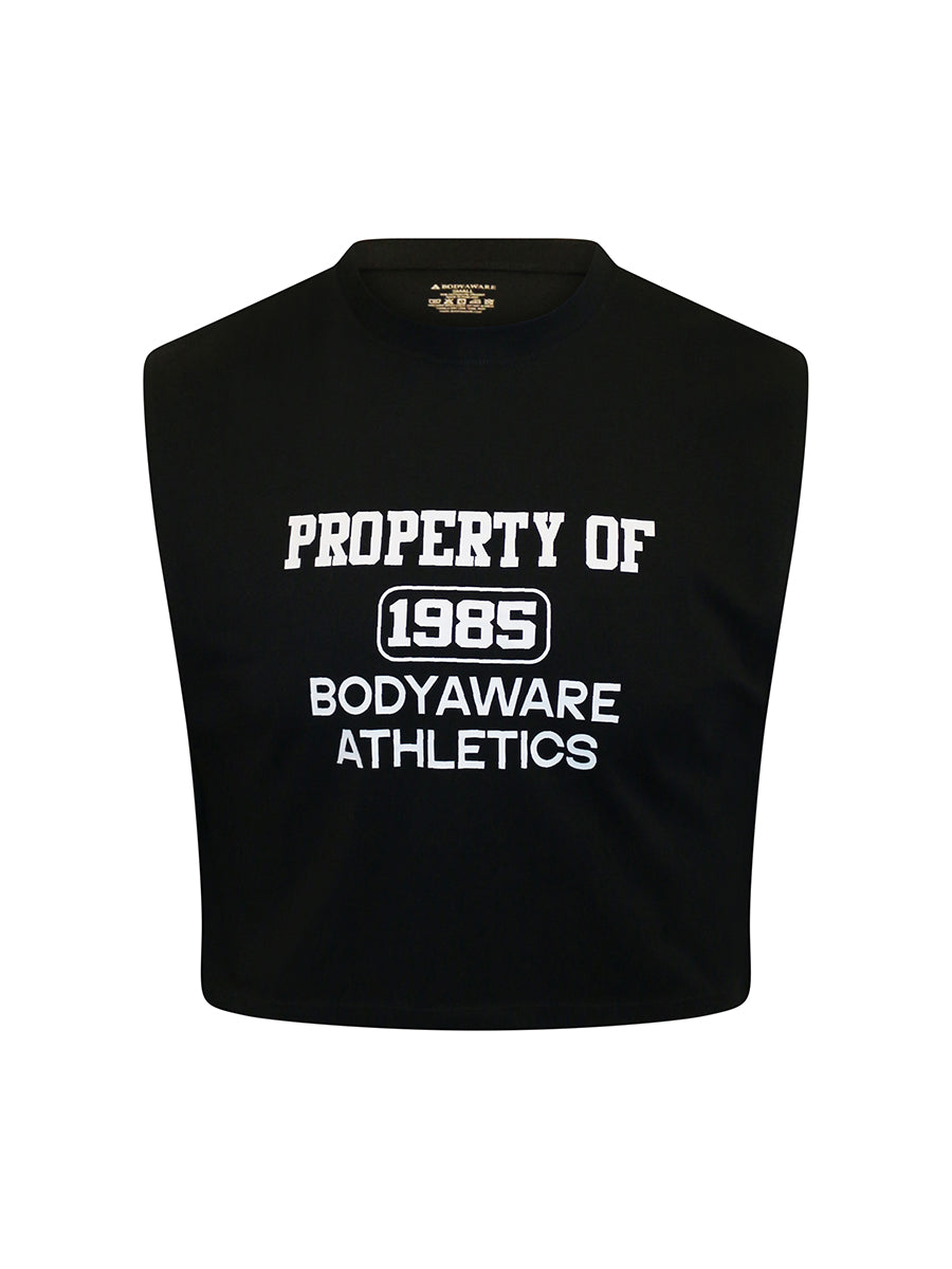 Black sleeveless shirt with white text on a white background