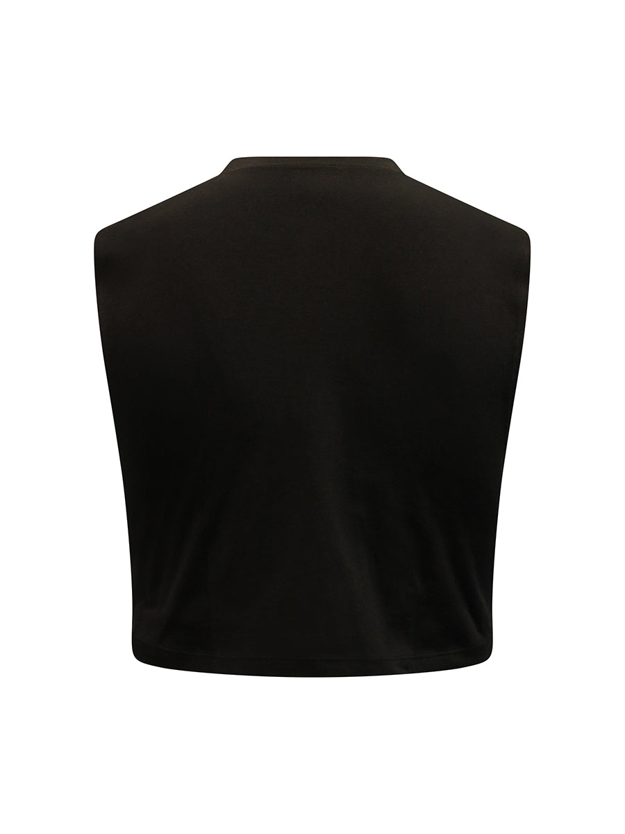 Black sleeveless top on a white background