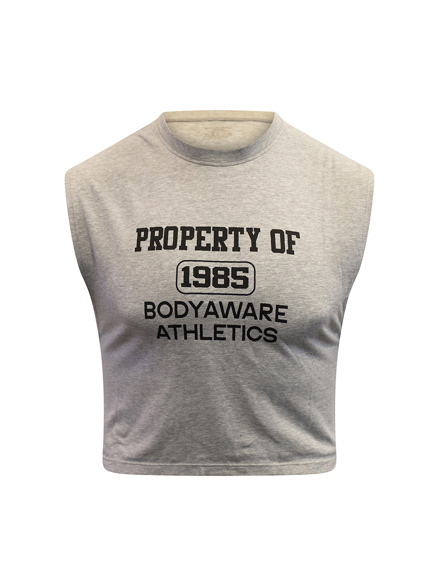 Grey sleeveless crop top with 'Property of Body Aware Athletics' written on the chest