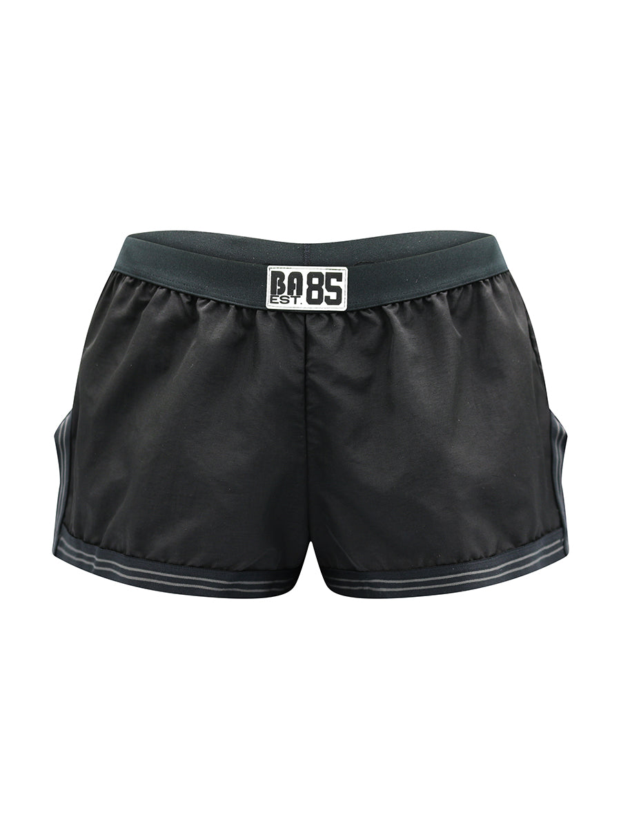 Black athletic shorts with a Body Aware logo on a white background