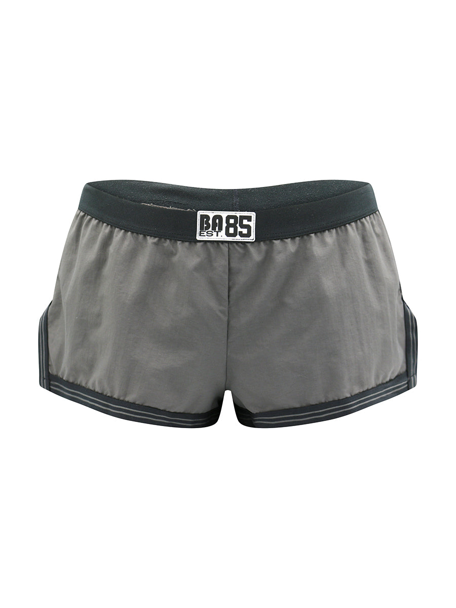 Grey athletic shorts with black waistband and Body Aware logo on a white background