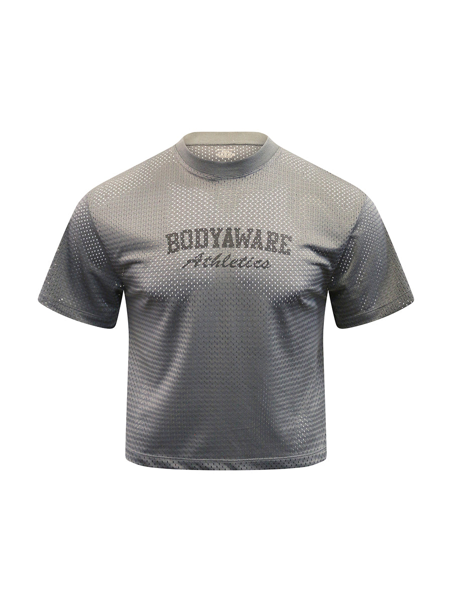 Grey mesh jersey with 'Body Aware Athletics' written across the chest, on a white background