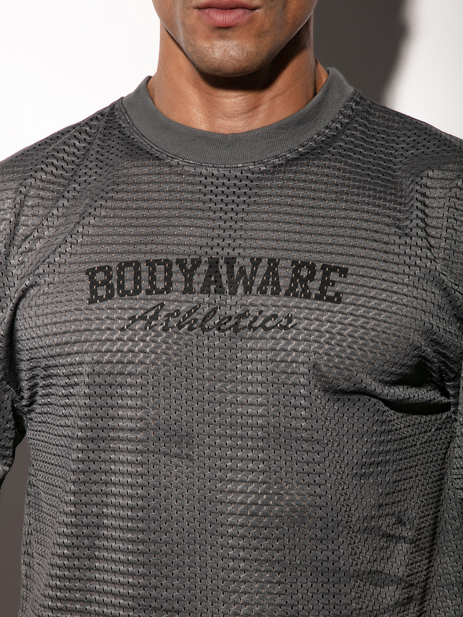 Grey mesh jersey for men with 'Body Aware Athletics' written across the chest.