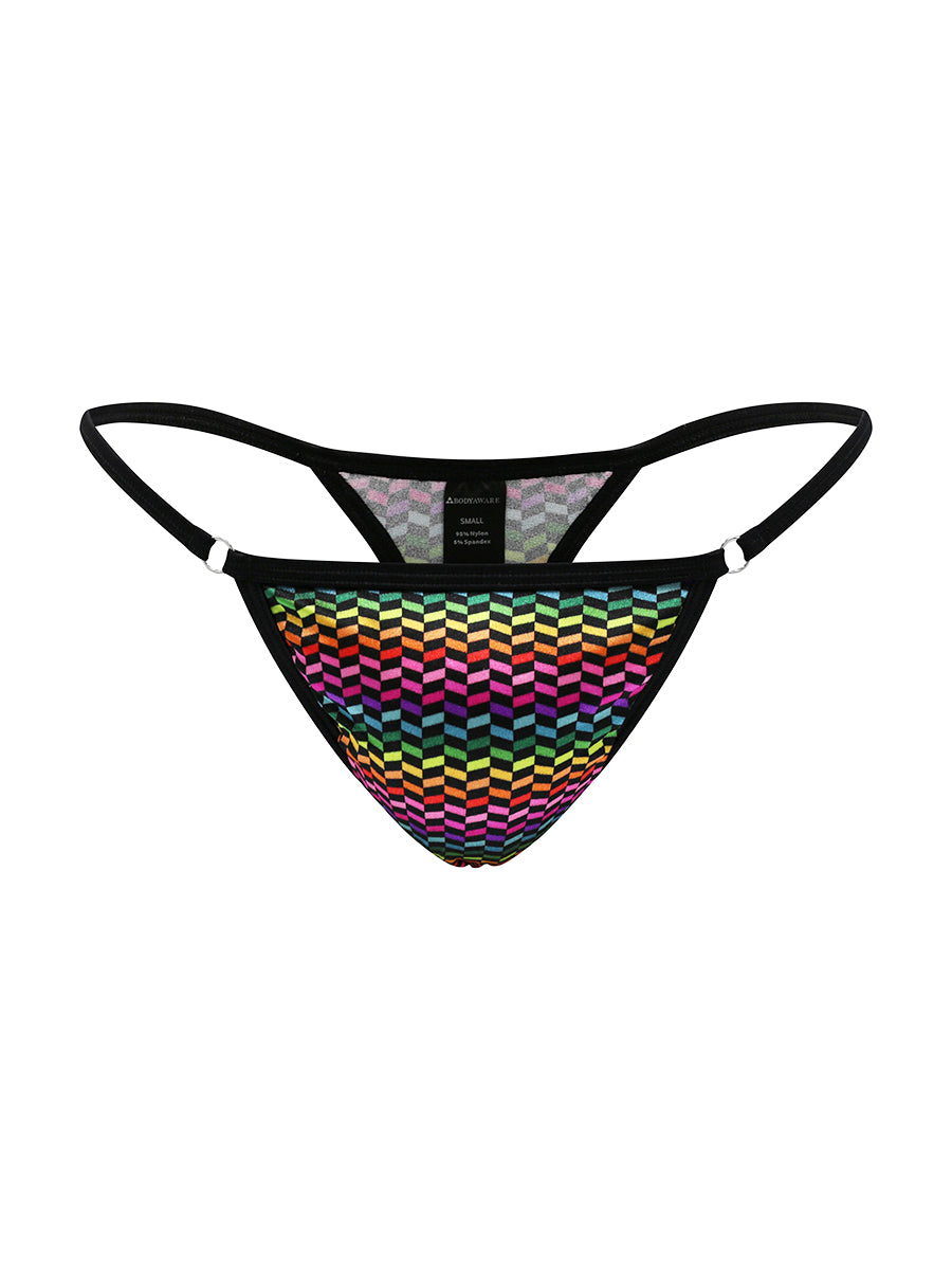 Front view of a rainbow pattern satin thong on a white background.
