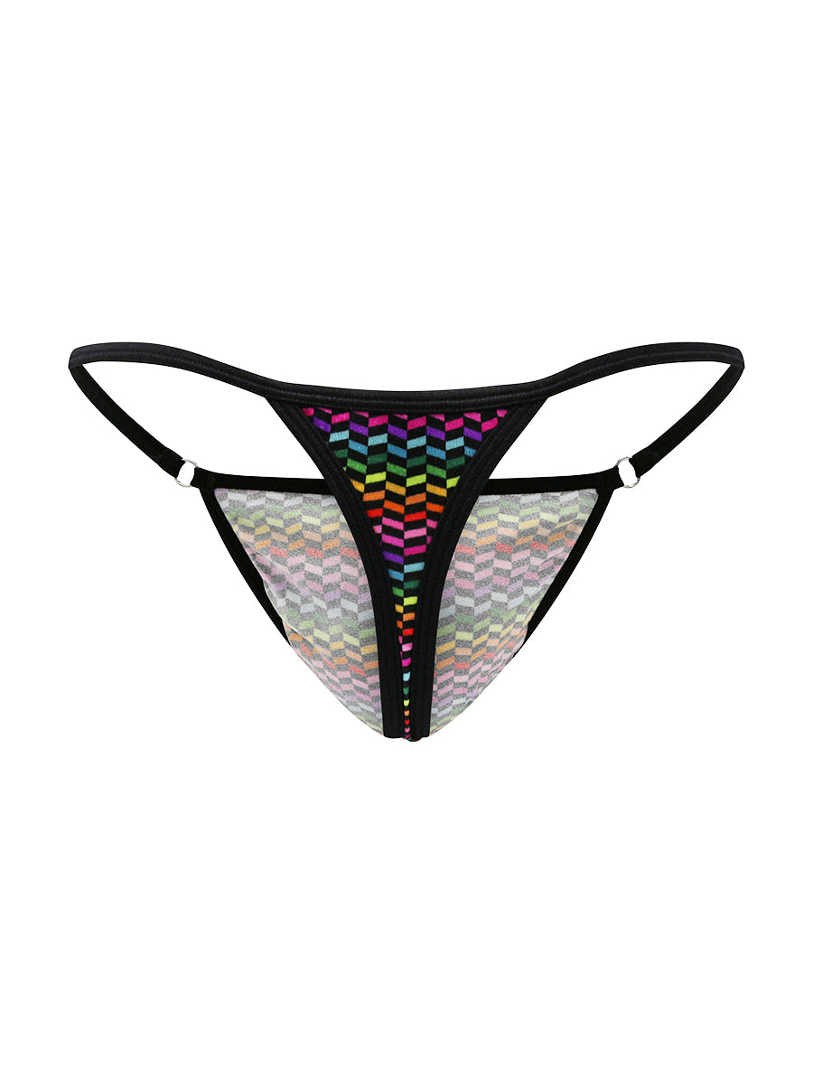 Back view of a rainbow pattern satin thong on a white background.