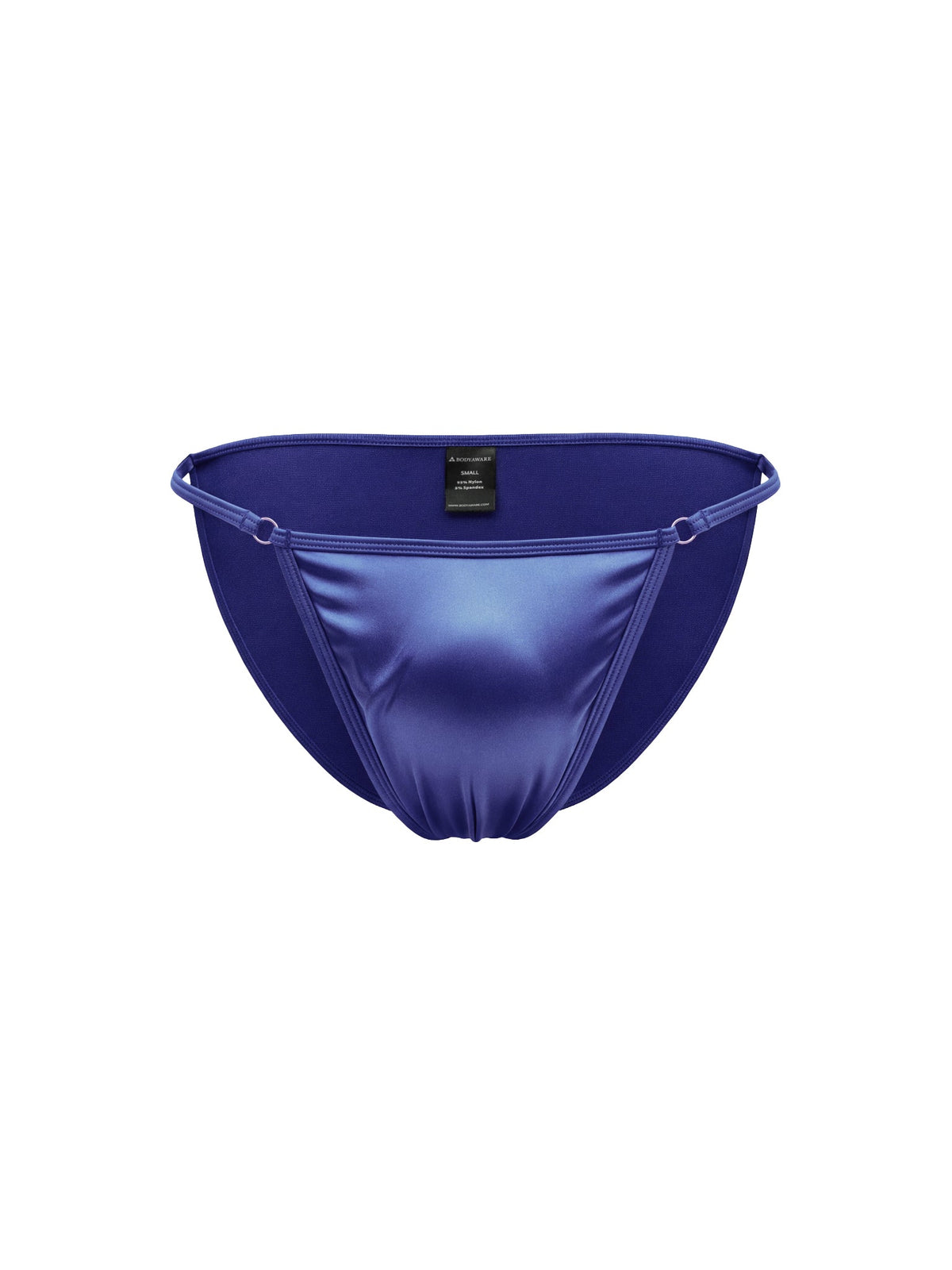 A pair of navy blue satin briefs, shown on a plain white background.