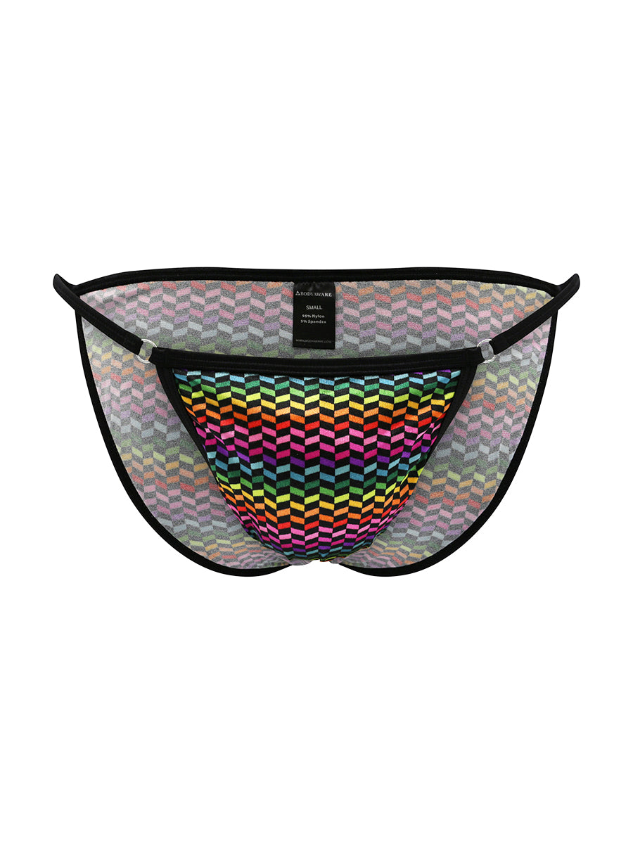 A rainbow pattern satin bikini brief on a white background.