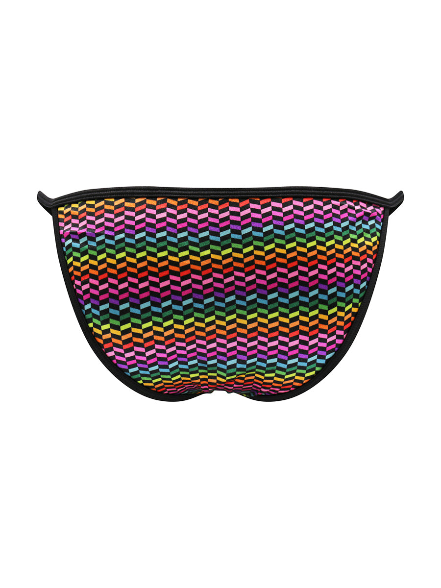 Back view of a rainbow pattern satin bikini brief on a white background.