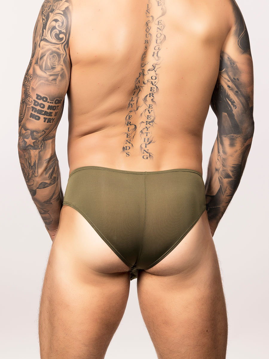 Back view of a man wearing olive green Body Aware glow shaper brief