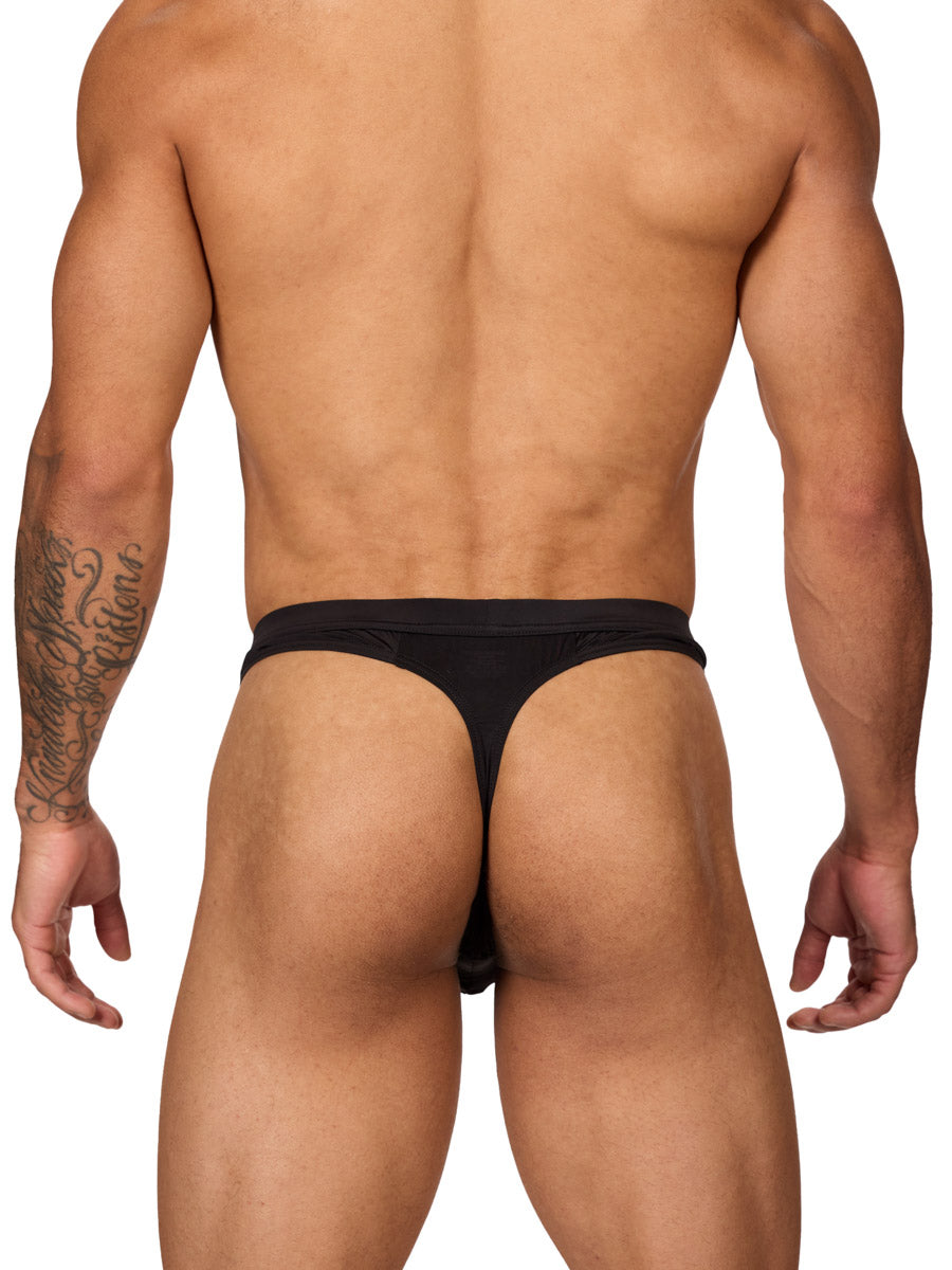 Back view of a muscular male model wearing a black Body Aware thong with matching waistband