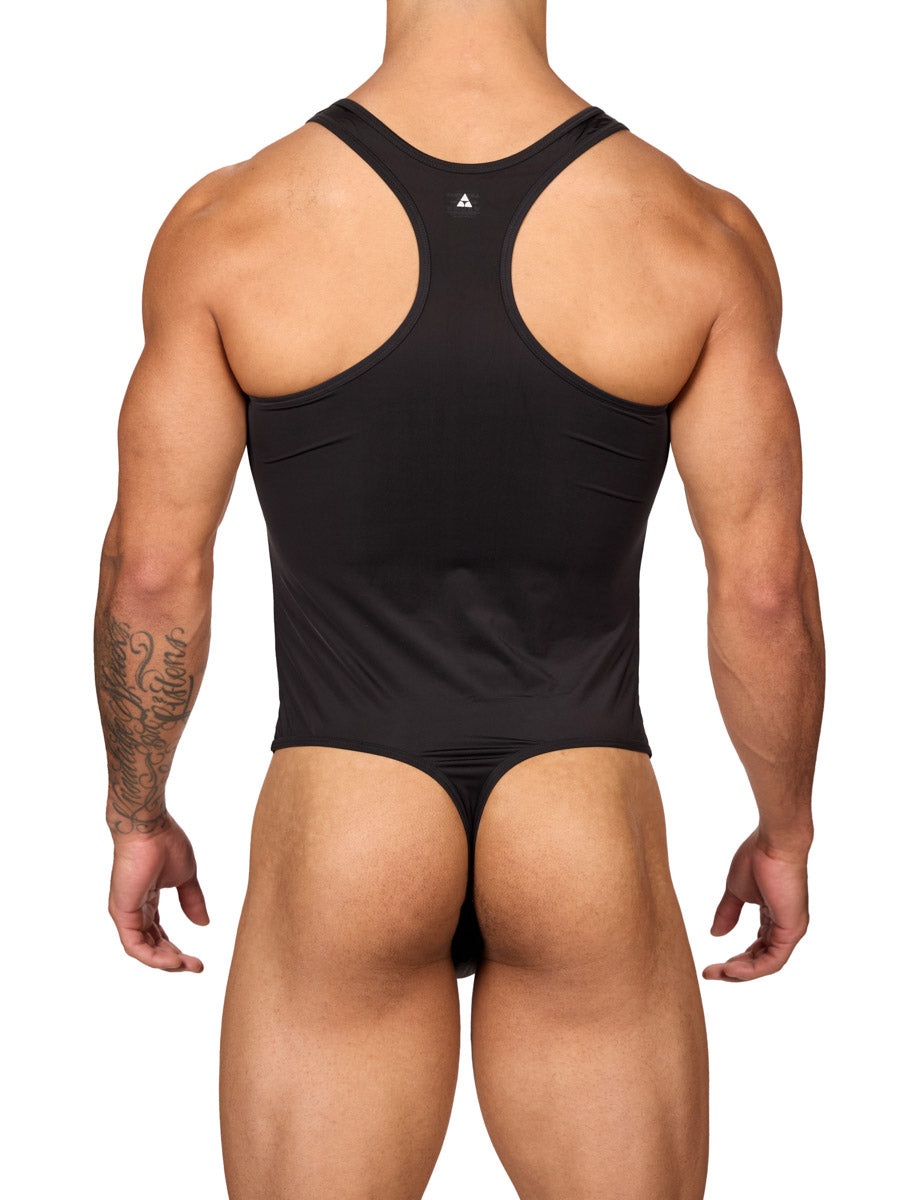 Rear view of a muscular male model wearing a black Body Aware thong bodysuit