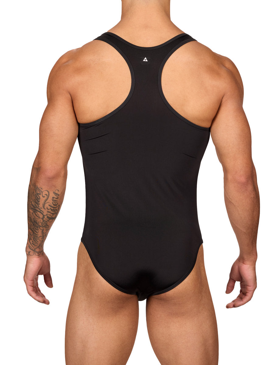 Back view of a muscular male model wearing a black Body Aware brief bodysuit