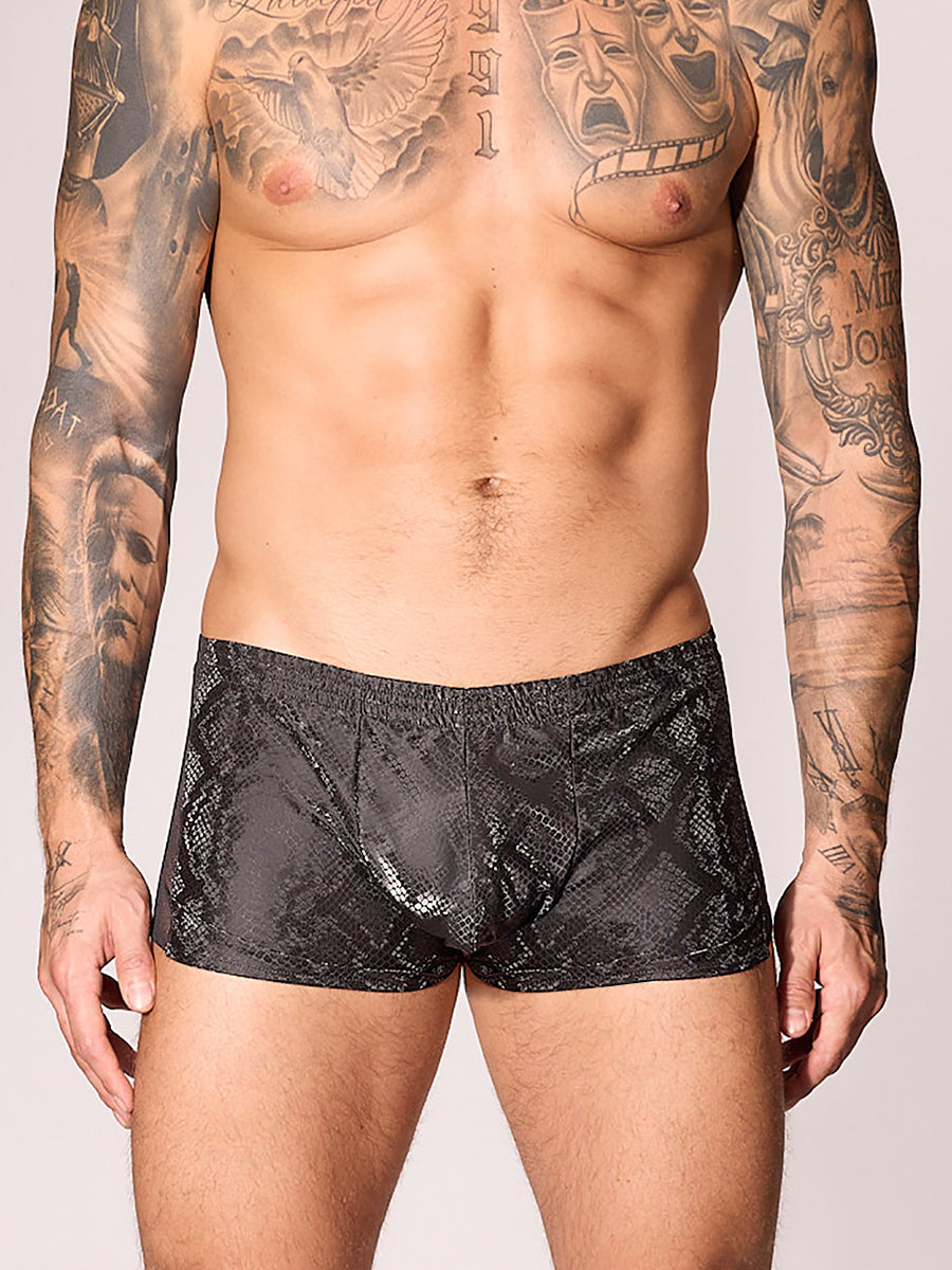 Front view of men's black nylon and mesh boxer short. Plain white background Body Aware UK