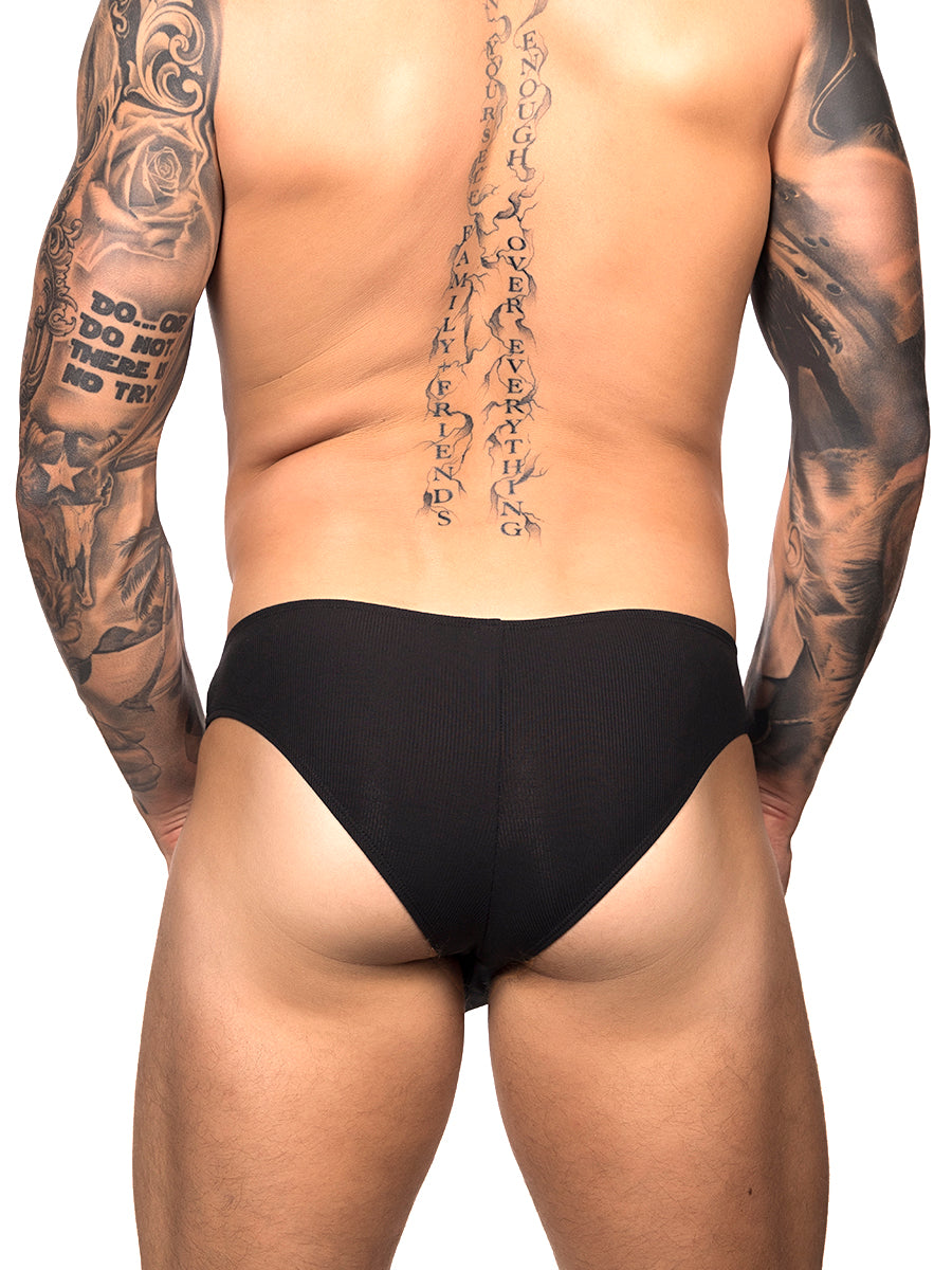 Back view of a male model wearing black Body Aware briefs